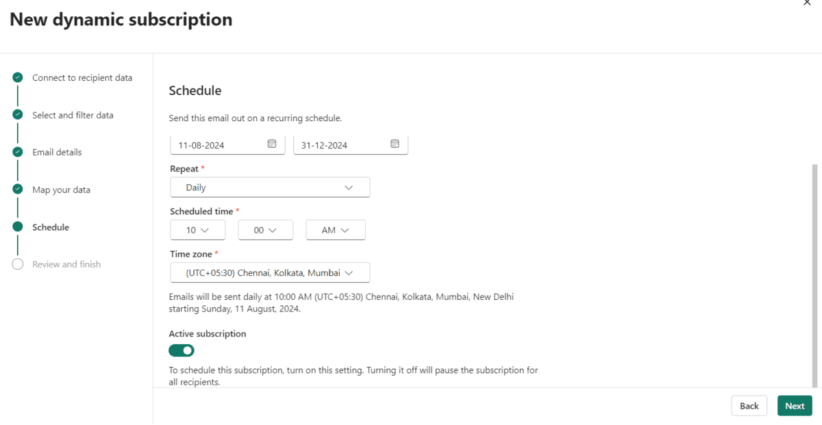 Screenshot of the fifth step in the subscription creation