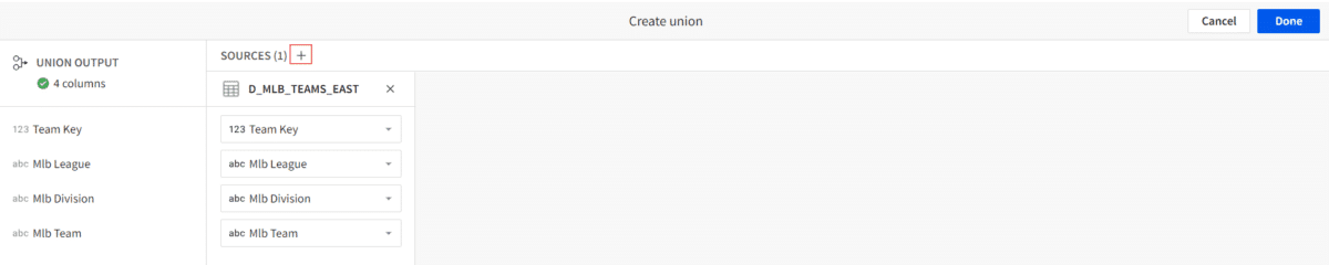 Screenshot of the Create Union window, showing the Source column's + button highlighted