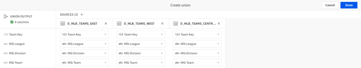 Screenshot of the Create Union window, showing the Source column with all three datasets