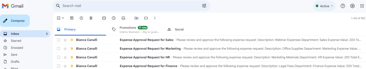 Screenshot of the Gmail inbox, showing the received email.