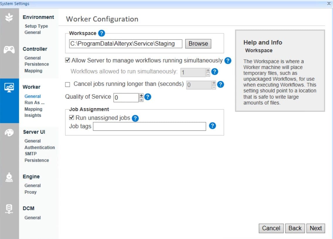 Screenshot of the "System Settings" window with the "Worker" tab selected and subsection "General" active