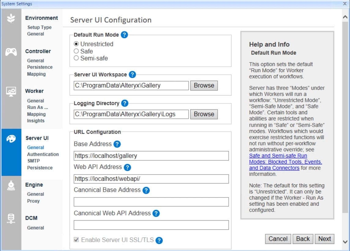Screenshot of the "System Settings" window with the "Server UI" tab selected and subsection "General" active