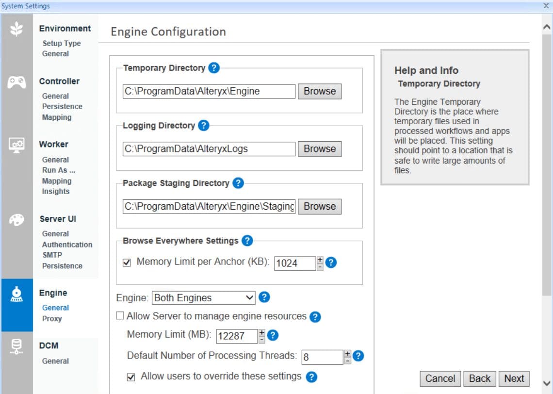 Screenshot of the "System Settings" window with the "Engine" tab selected and subsection "General" active