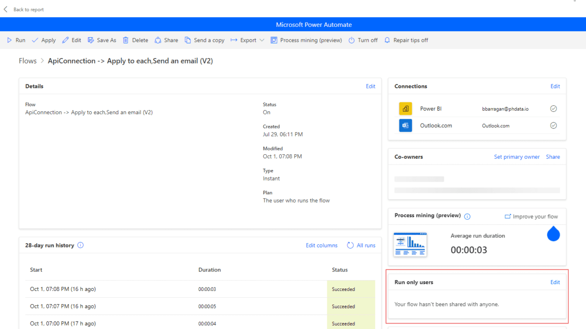 Screenshot of the Flows view, highlighting the "Run-only users" option