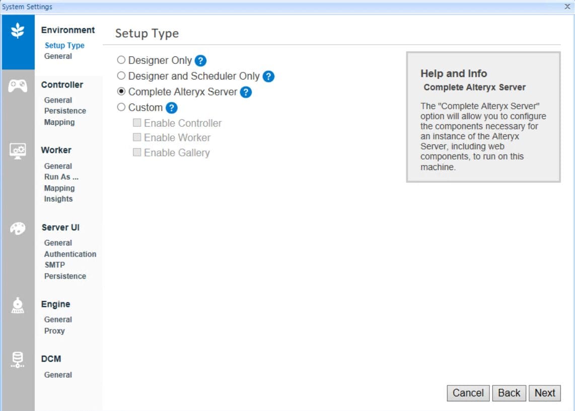 Screenshot of the "System Settings" window with the "Environment" tab selected and subsection "Setup Type" active