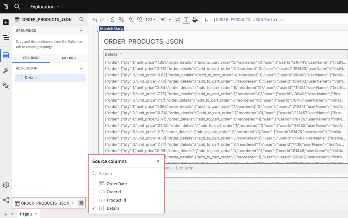 Screenshot showing the "source columns" dropdown