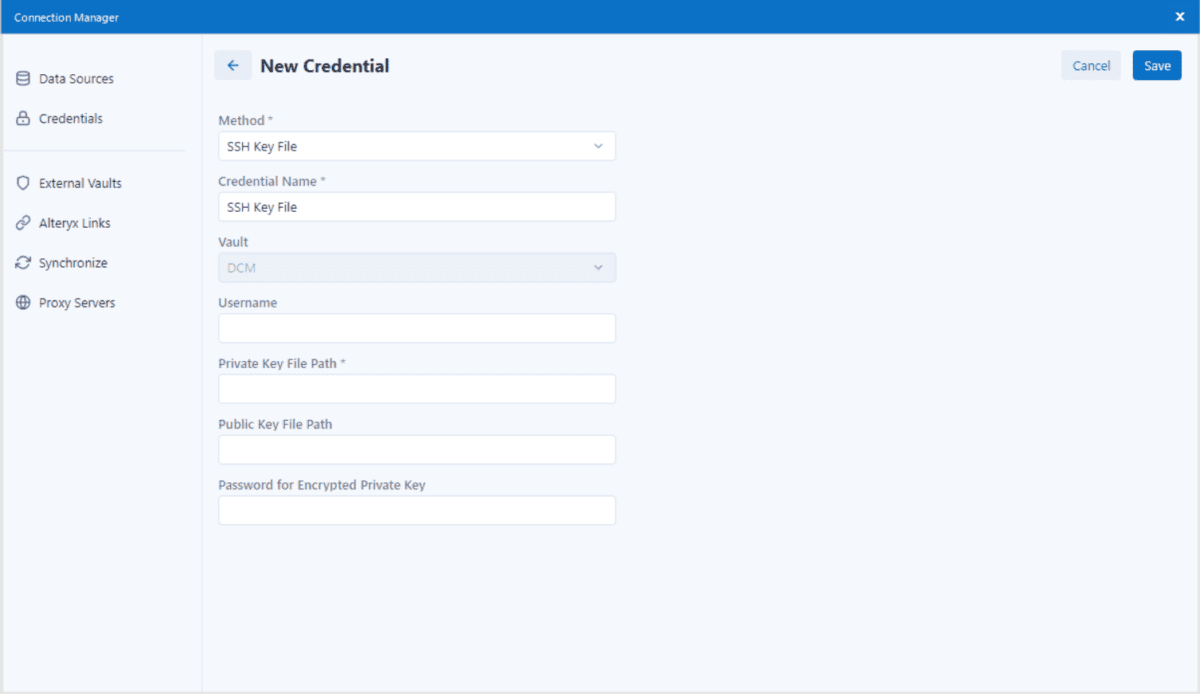 Screenshot of the Connection Manager window, showing the New Credential section