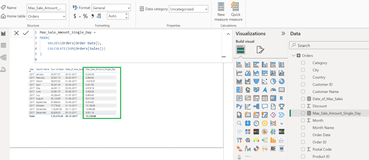 Screenshot showing the correctly calculated measure using "CALCULATE"