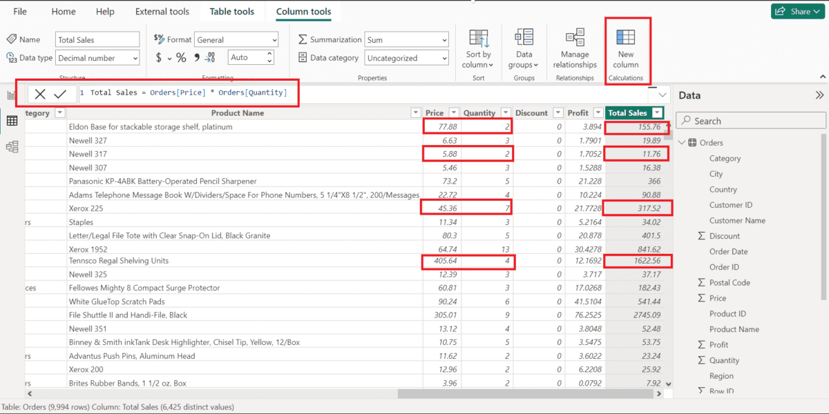 Screenshot showing the newly added column calculation
