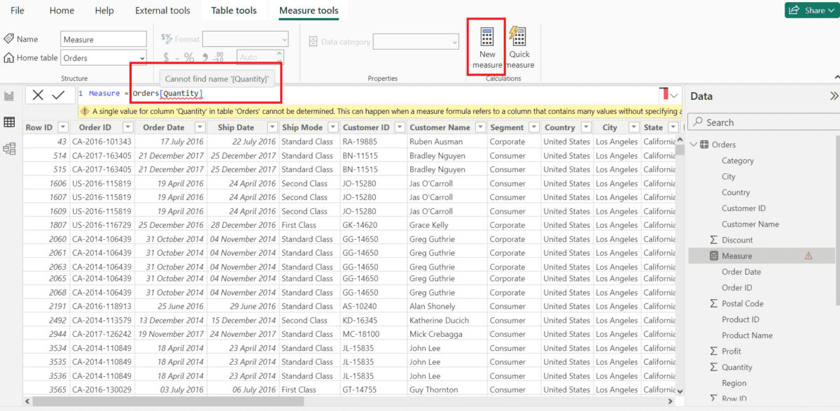 Screenshot showing a newly created Measure for using "Quantity"