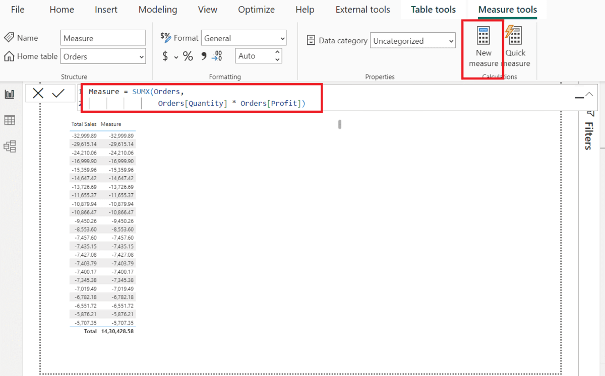 Screenshot showing a Measure created using a formula