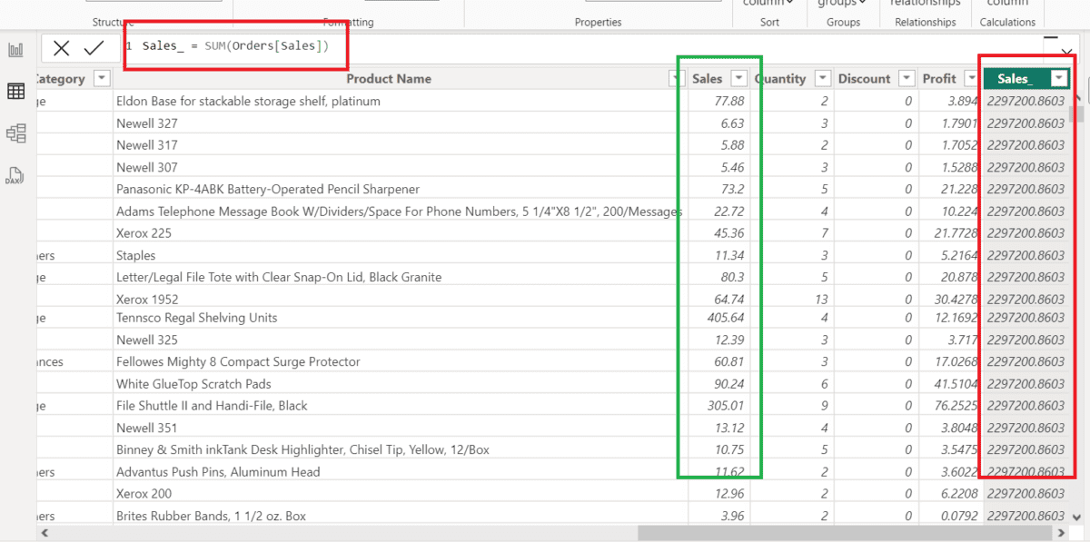 Screenshot showing the "Sales_" column with an incorrect result due to lacking row context
