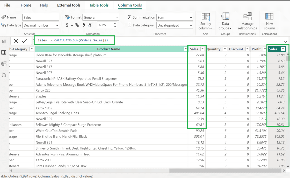 Screenshot showing the "Sales_" column with the correct values