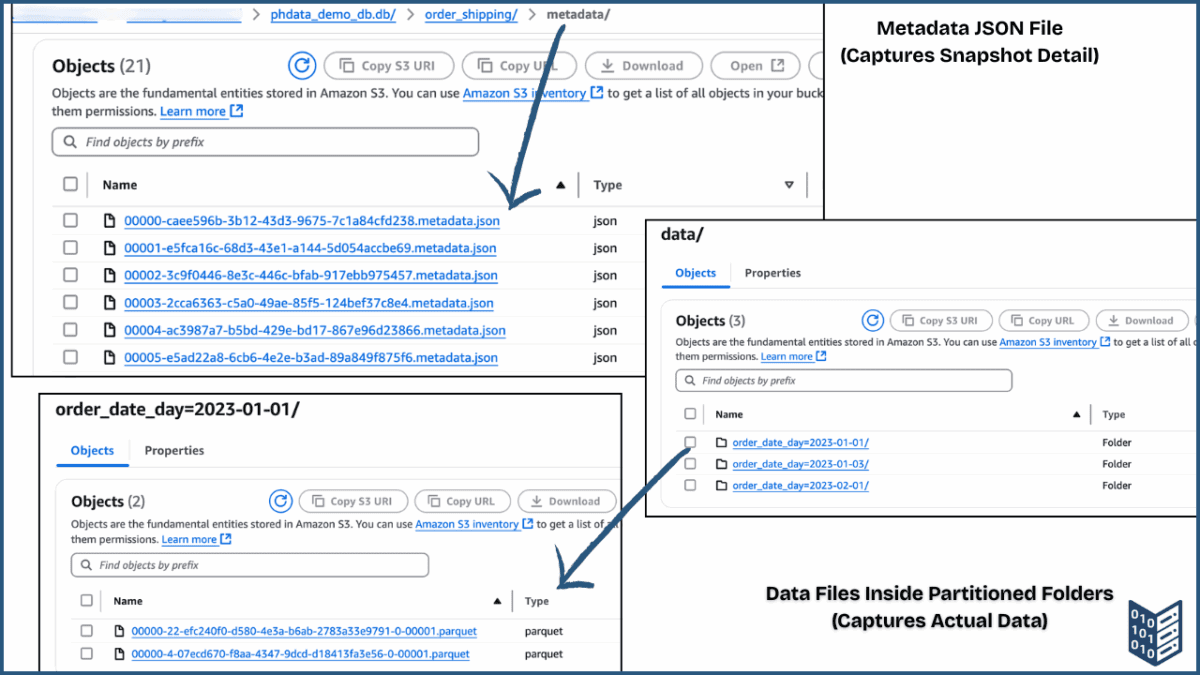 Various screenshot snippets showing both captured snapshot details and captured actual data