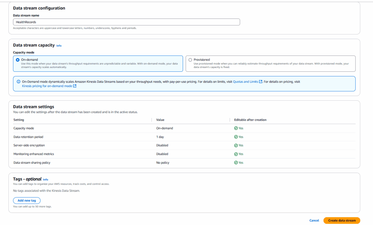 The new data stream creation settings