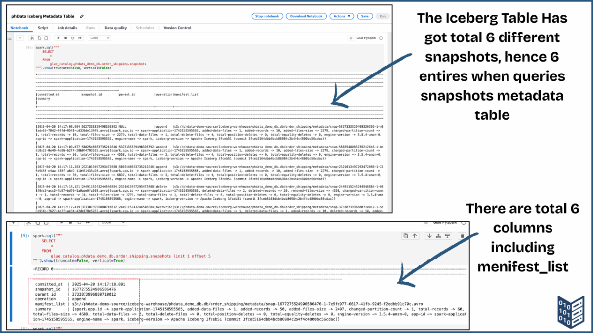 Screenshot showing the "snapshots" metadata table.
