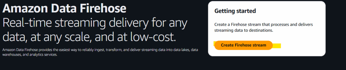 The "Create Firehose stream" button in the Firehose page