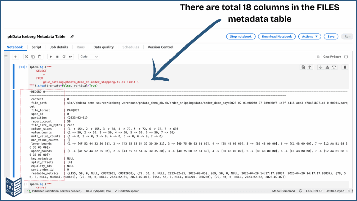 Screenshot of the "files" metadata table, having a total of 18 columns.