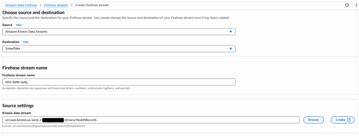 Firehose stream creation settings