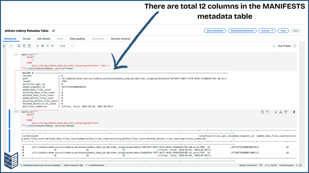 Screenshot of the "manifests" metadata table, having a total of 12 columns.