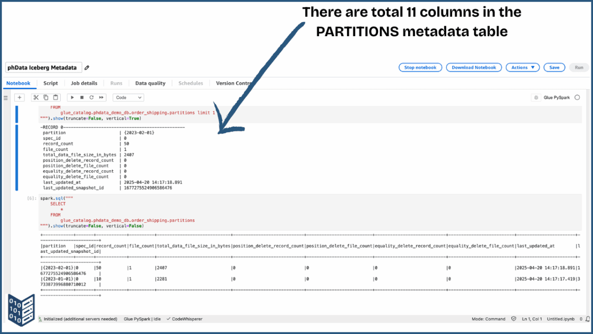Screenshot of the "partitions" metadata table, having a total of 11 columns.