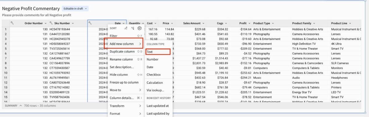 The right click column menu, showing the "Add new columns" option