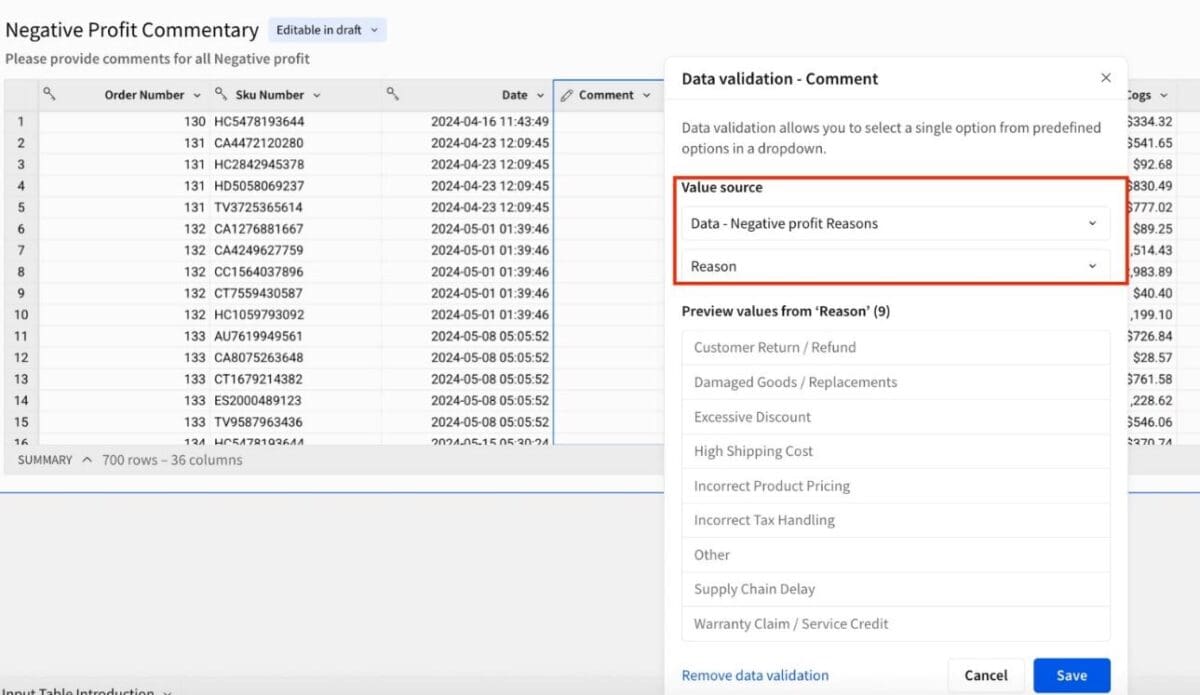 The "Data Validation" popup window