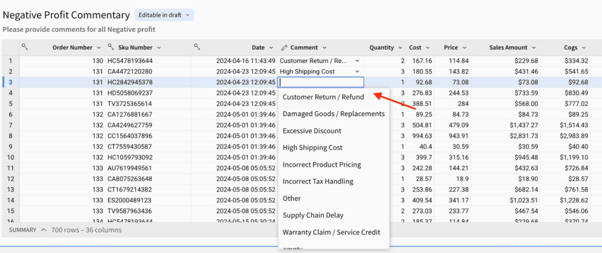 Screenshot showing the applied data validation on the "Comment" column