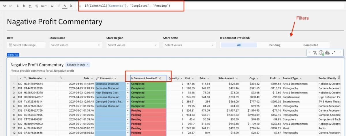 Screenshot showing the newly added column along with various filters and conditional formatting