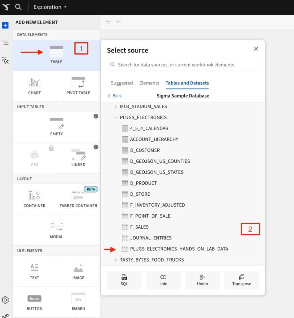 The "Add New Element" menu and the "Select Source" popup after selecting an Table element
