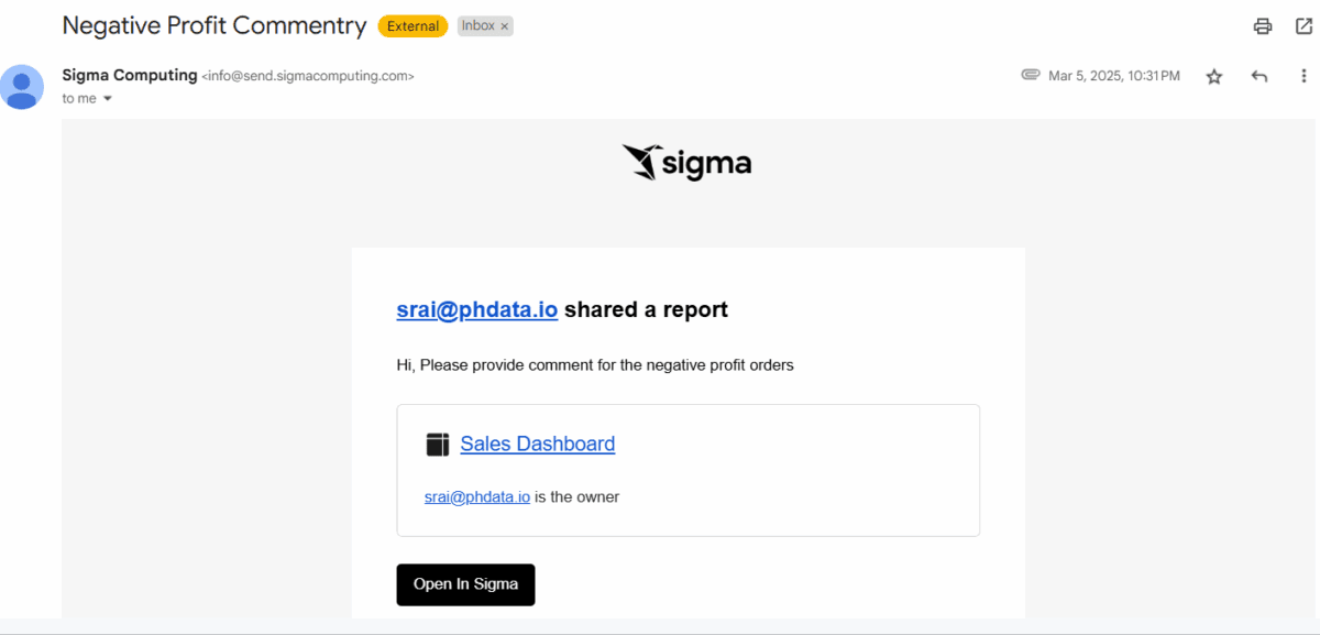 Screenshot from an example email notification received.