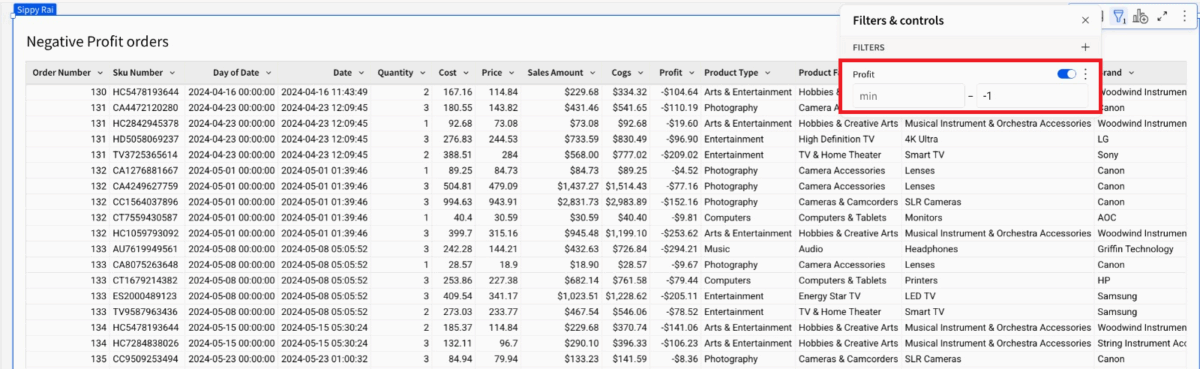 The table view, showing the "Filter & controls" options