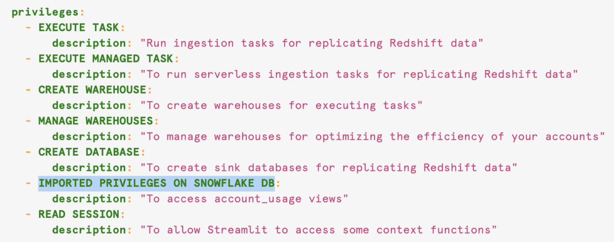 Screenshot of the manifest file with the "IMPORTED PRIVILEGES ON SNOWFLAKE DB" line highlighted.