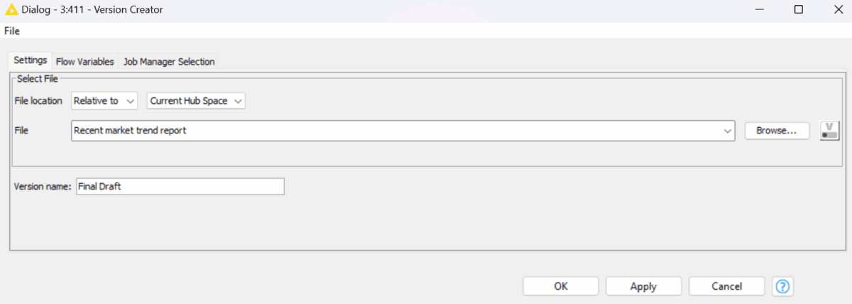 Settings window for the "Version Creator" node
