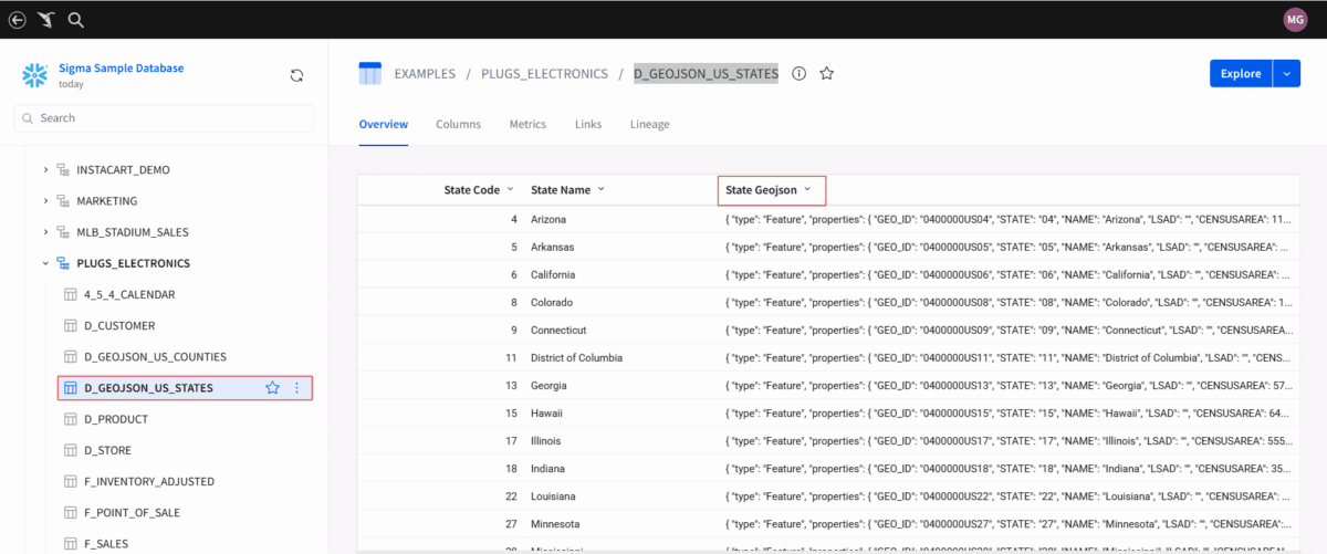 The sample database, showing its "State Geojson" column