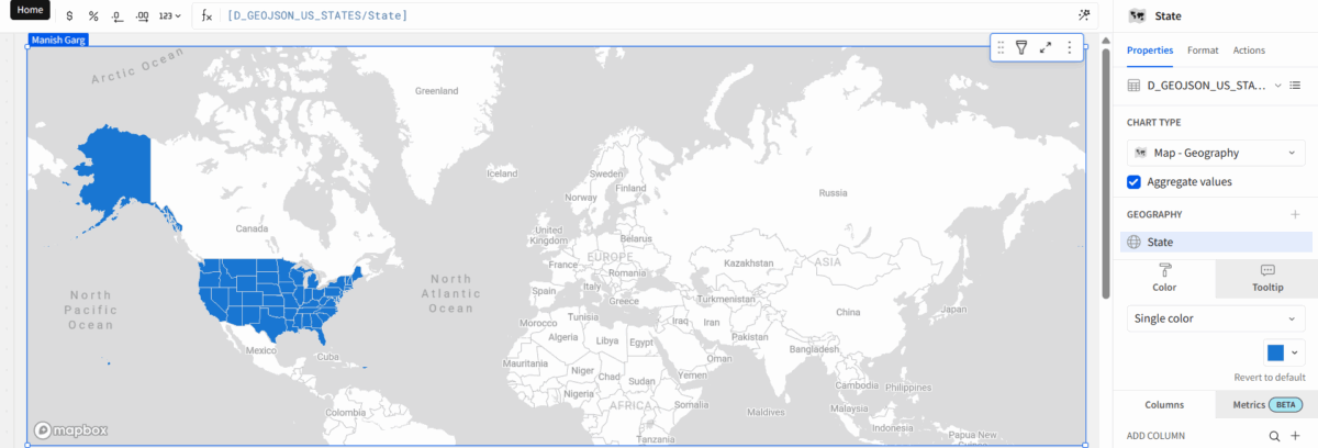 The updated map chart, showing the data from the State column