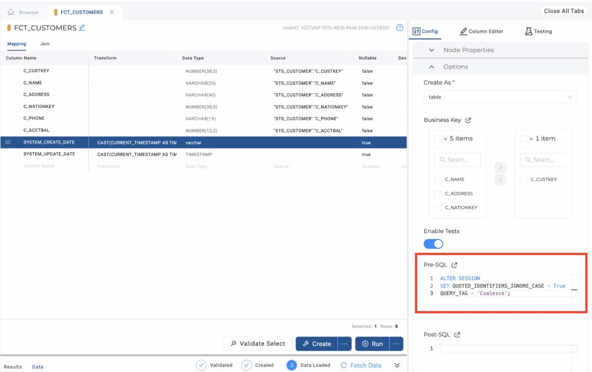 Screenshot from Coalesce showing where to find the "pre-SQL" input box