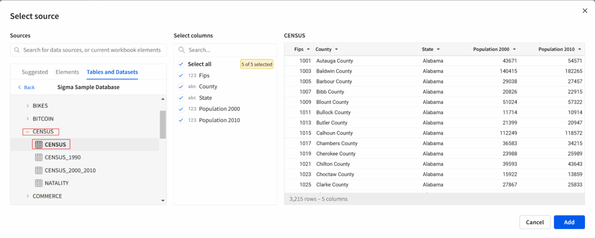 Screenshot of the "Select Source" view, showing the CENSUS table type