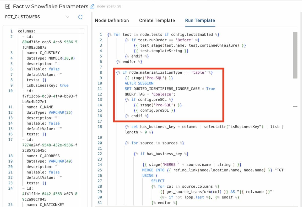 Screenshot from Coalesce showing code for a custom node in the template