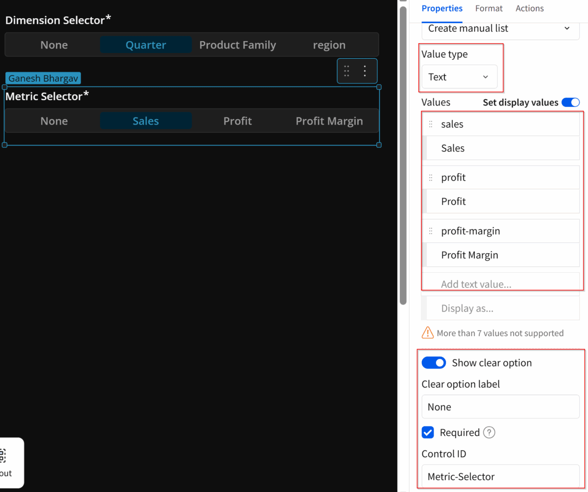 The "Properties" tab from the Metric Selector