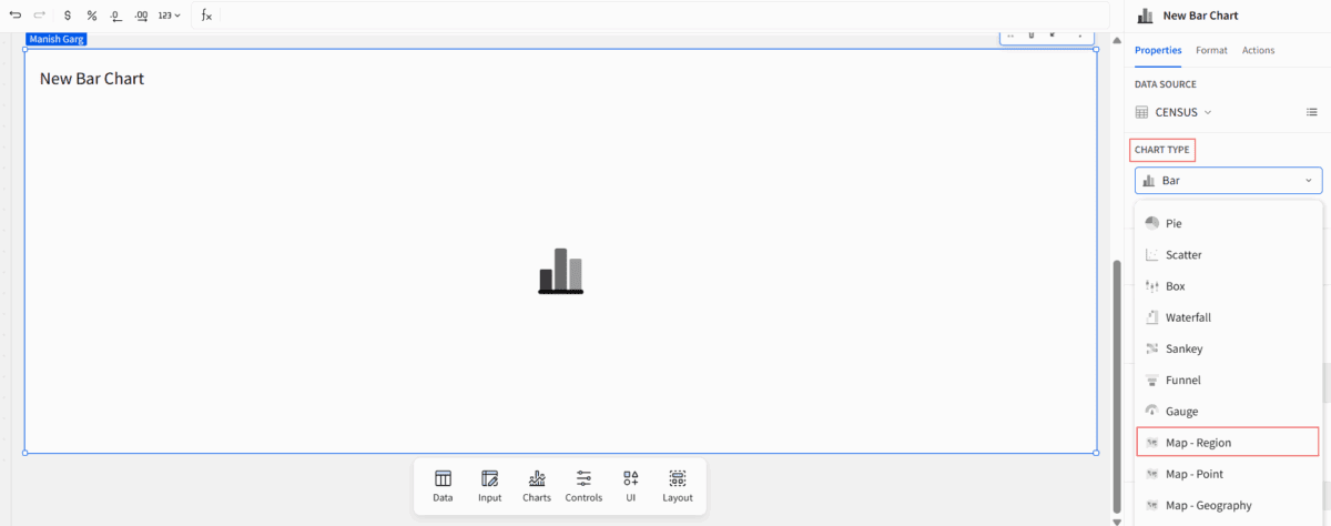 The new bar chart is shown, along with a panel with options