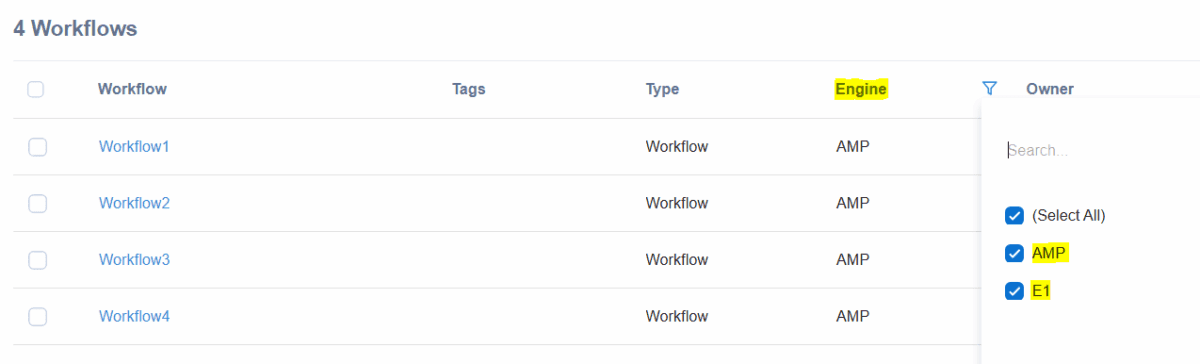 Workflow list, showing the renamed "Engine" column