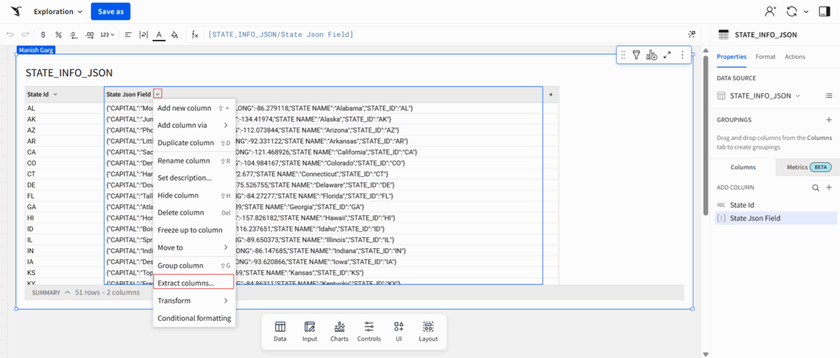 The dropdown menu from the "State Json Field" column, with the "Extract columns..." option highlighted