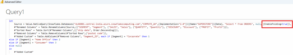 The "Advanced Editor" showing the query with the added flag highlighted.