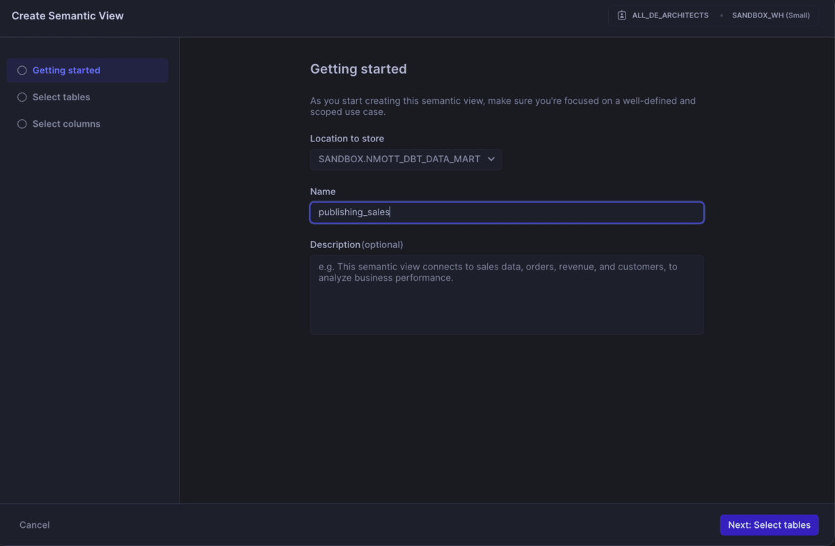 The "Getting Started" section from the "Create Semantic VIew" window