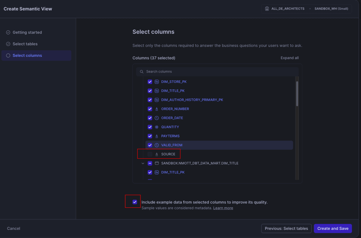The "Select Columns" section from the "Create Semantic VIew" window
