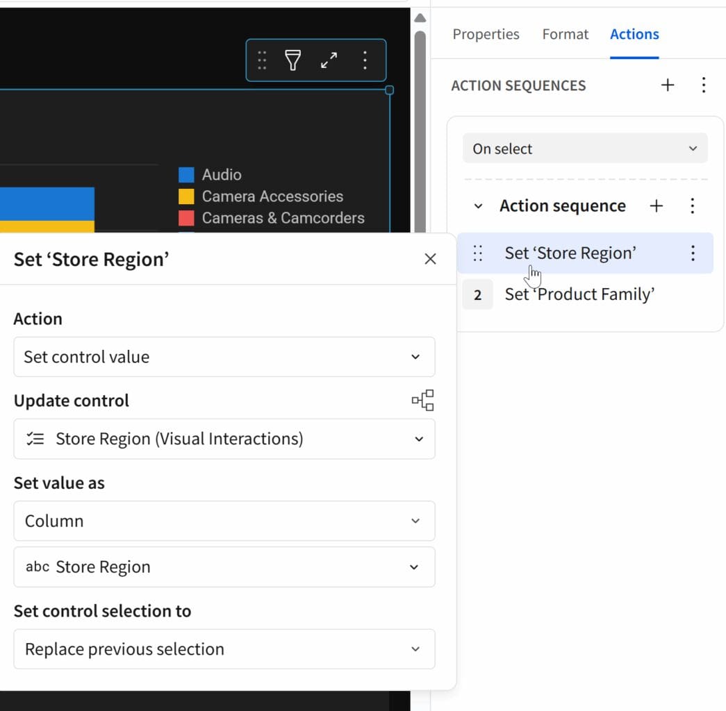 Partial screenshot showing the "Actions" panel and a popover with options for configuring the action sequences