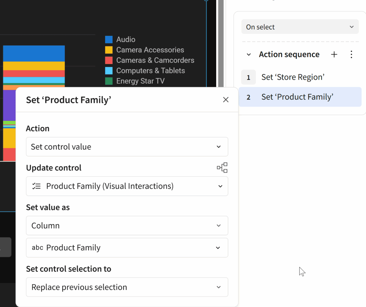 Partial screenshot showing the "Actions" panel and a popover with options for configuring the action sequences