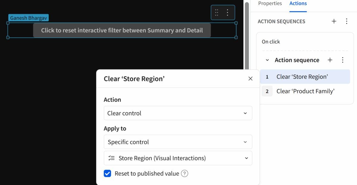 Partial screenshot showing the "Actions" panel and a popover with options for configuring the actions for clicking the Reset button