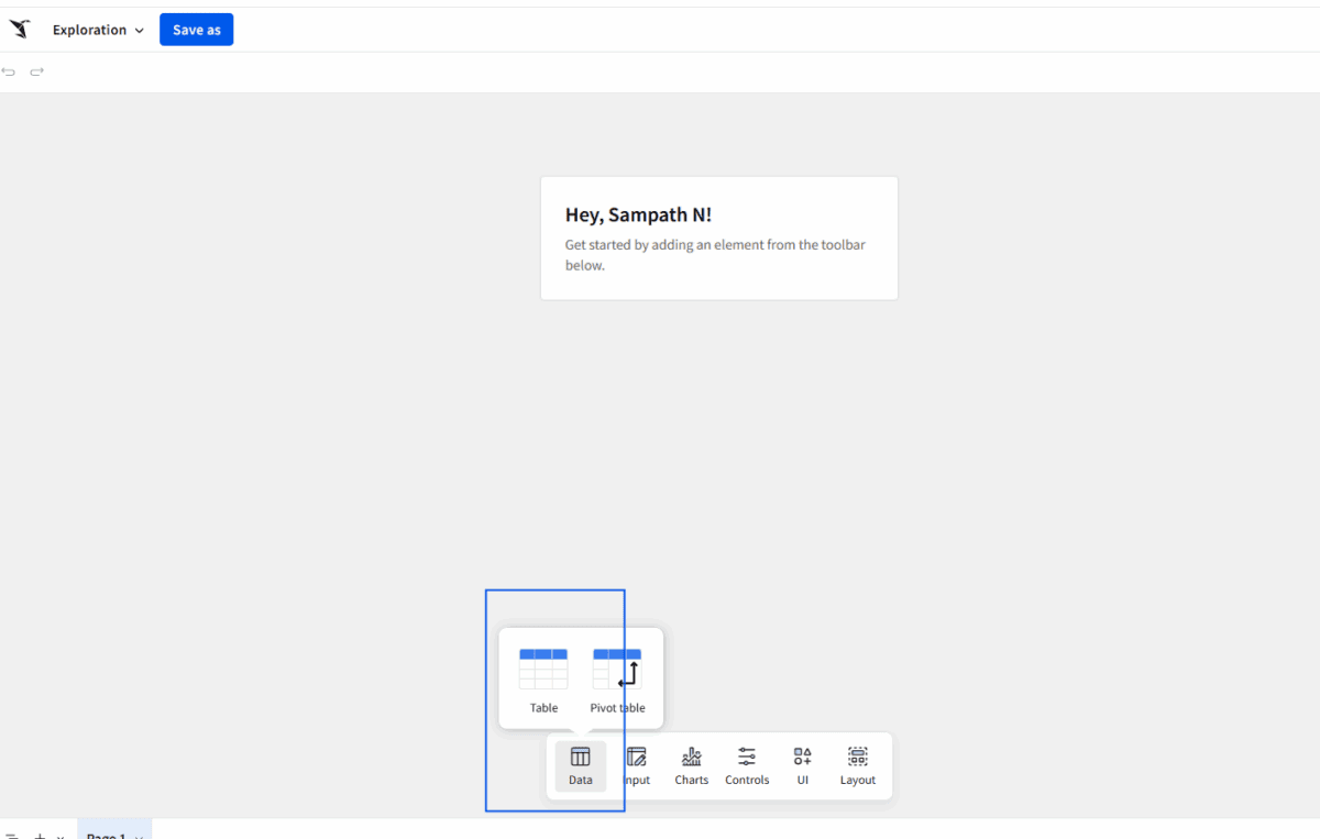 The empty Workbook view, highlighting the elements popover from the bottom of the screen.